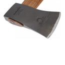 Close-up of HULTAFORS felling axe blade with durable carbon steel and wooden handle for outdoor use.