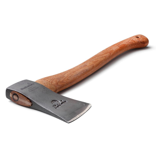 HULTAFORS H009SV hand-forged carbon steel hatchet with lightweight curved hickory wood handle on white background