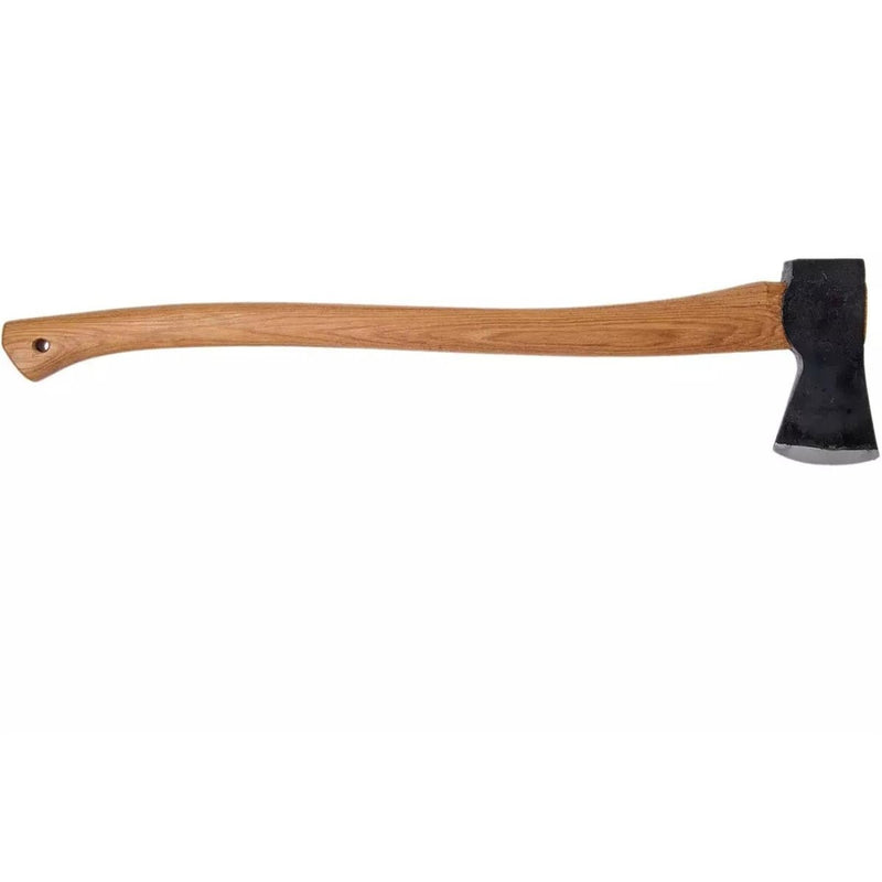 HULTAFORS Qvarfot felling axe with long hickory handle and sharpened carbon steel head for forest tasks.