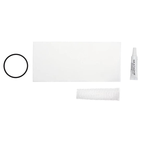 Katadyn Hiker Pro maintenance kit with protection, O-ring, mesh filter, and silicone lubricant for water filter care.
