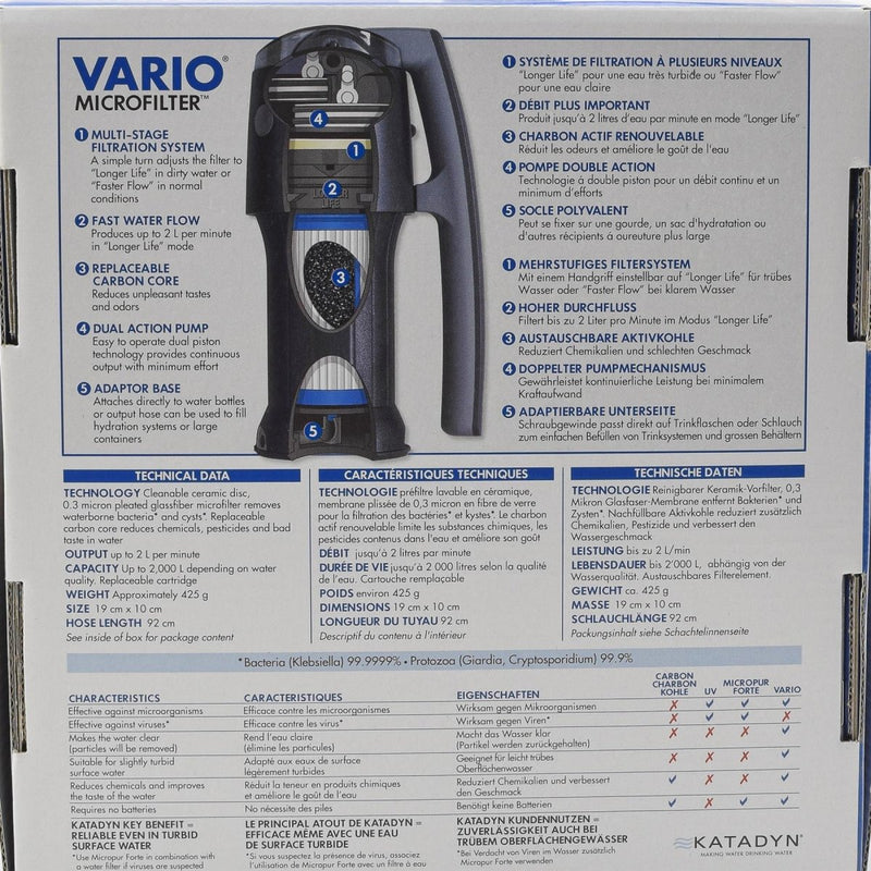 Katadyn Vario Water Filter Long Lasting Camping Emergency Purification Premium