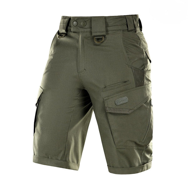 Olive green M-TAC military-grade ripstop cargo Bermuda shorts with zipper closure and utility pockets for men