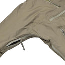 Close-up of lightweight thermal anorak jacket in olive drab with zipped front pocket and hooded design