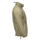Side view of lightweight thermal anorak jacket in olive green with hood and front zipper pocket for outdoor sports
