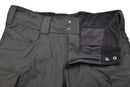 Black military-style bermuda shorts with zipper fly, double button closure, and cargo pockets made of ripstop cotton fabric.