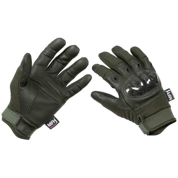 MFH military tactical gloves in olive green with carbon knuckle protectors and adjustable wrist straps, fingerless design.