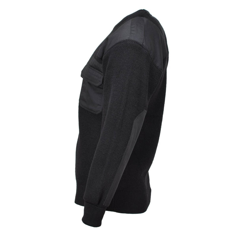 Side view of MFH Brand black commando jumper with rib knit wool and reinforced shoulder and elbow patches