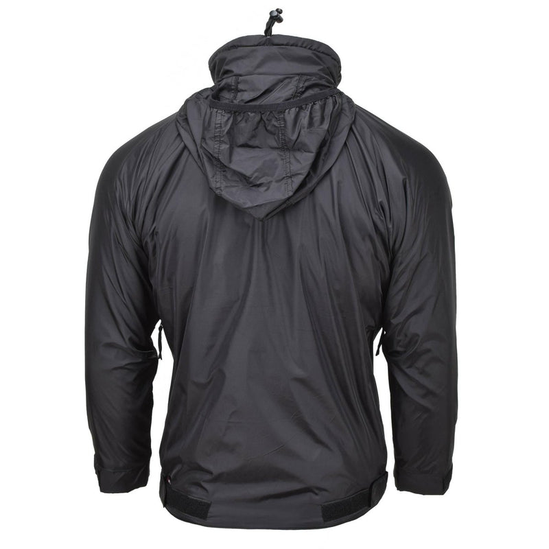 Back view of MFH brand lightweight black hooded thermal Anorak jacket for outdoor sports and activities.