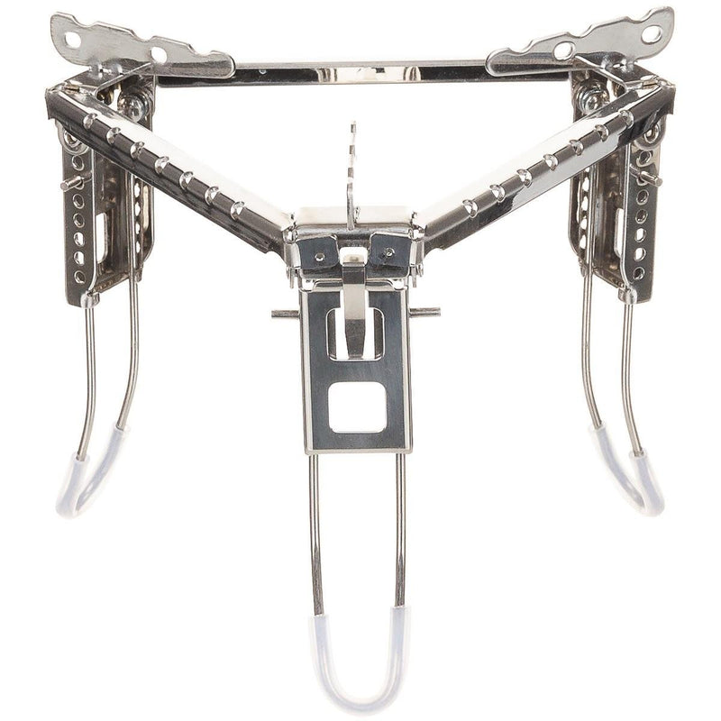 Foldable stainless steel campfire pot stand with three adjustable legs for stable outdoor cooking and BBQ tripod use