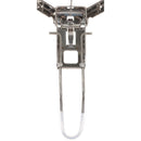 Close-up of the MFH campfire pot stand metal locking mechanism and foldable leg with protective plastic cover