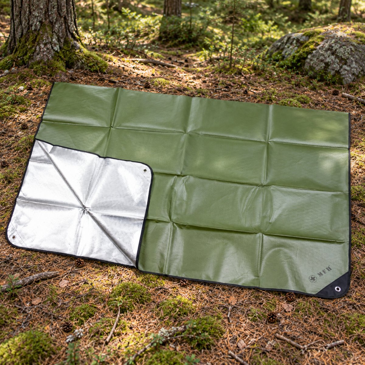 MFH Emergency Tarp 210 x 150 cm Aluminium Coated Camping Groundsheet OD Green
