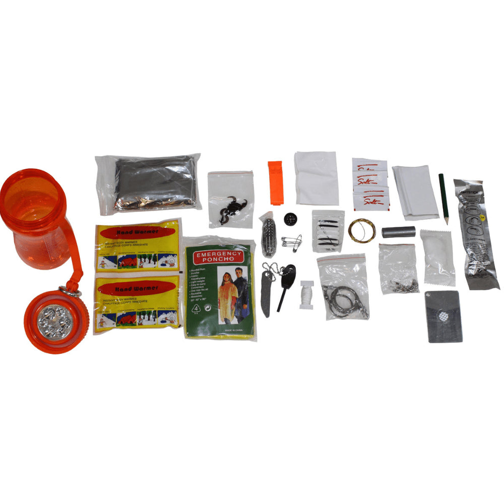 MFH Extreme 34 Part Survival Kit Camping Waterproof Box Orange Transparent