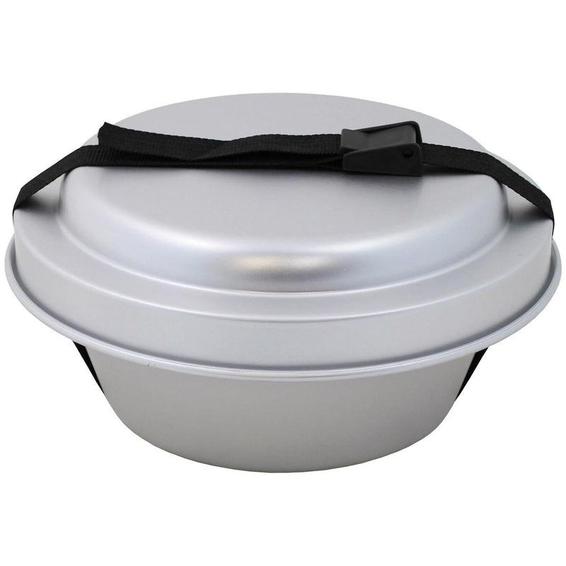 Compact lightweight aluminum camping cookware set with pots and pan secured by a black strap for easy portability
