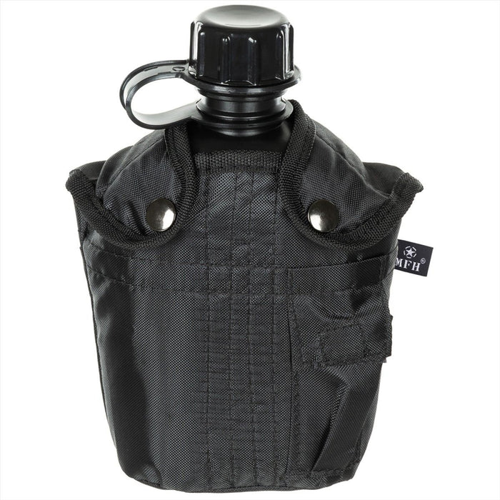 MFH 1L black military plastic canteen with screw cap, BPA-free and durable nylon pouch with clip attachments