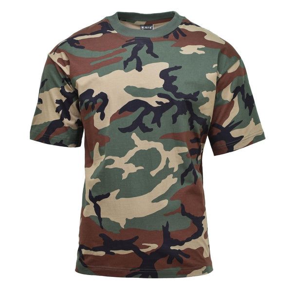 U.S. Military style short sleeve T-shirt in woodland camouflage pattern, breathable, durable, and lightweight fabric.