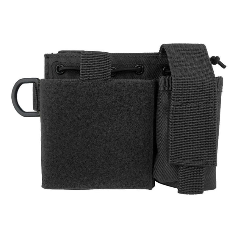 Black MOLLE admin pouch with multiple compartments, durable design, and attachment straps for tactical gear organization.