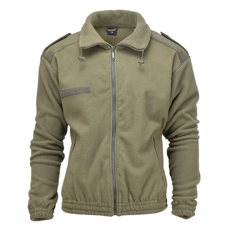 Olive green MIL-TEC army style fleece jacket with zip front, thermal insulation, and reinforced design for cold weather outdoors.