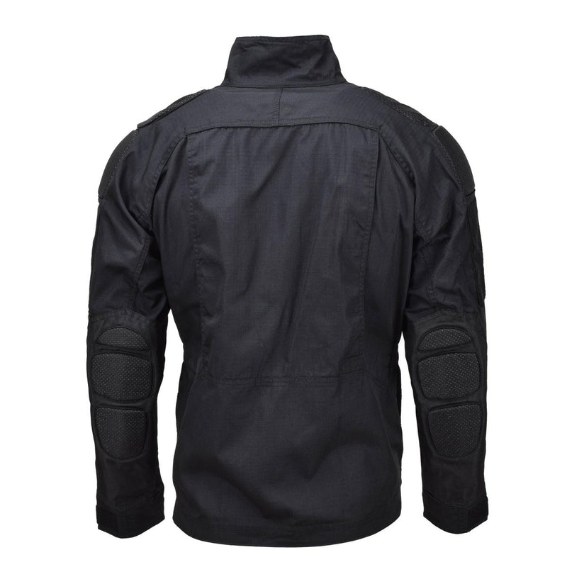 Back view of Mil-Tec black ripstop narrow fit military-style jacket with padded elbows and high collar