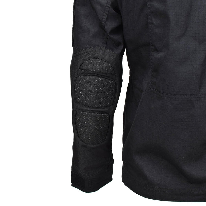 Close-up of black Mil-Tec ripstop military jacket sleeve with padded elbow protection and narrow fit design