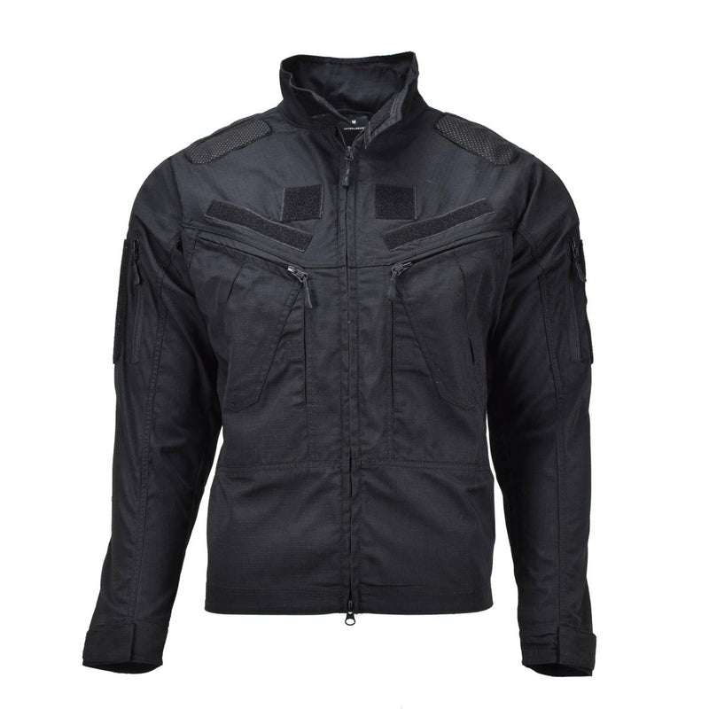 Mil-Tec black narrow fit military jacket made from durable ripstop fabric with multiple zippered pockets and adjustable cuffs.