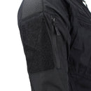 Close-up of Mil-Tec black ripstop narrow fit military jacket sleeve with zippered pocket and patch details