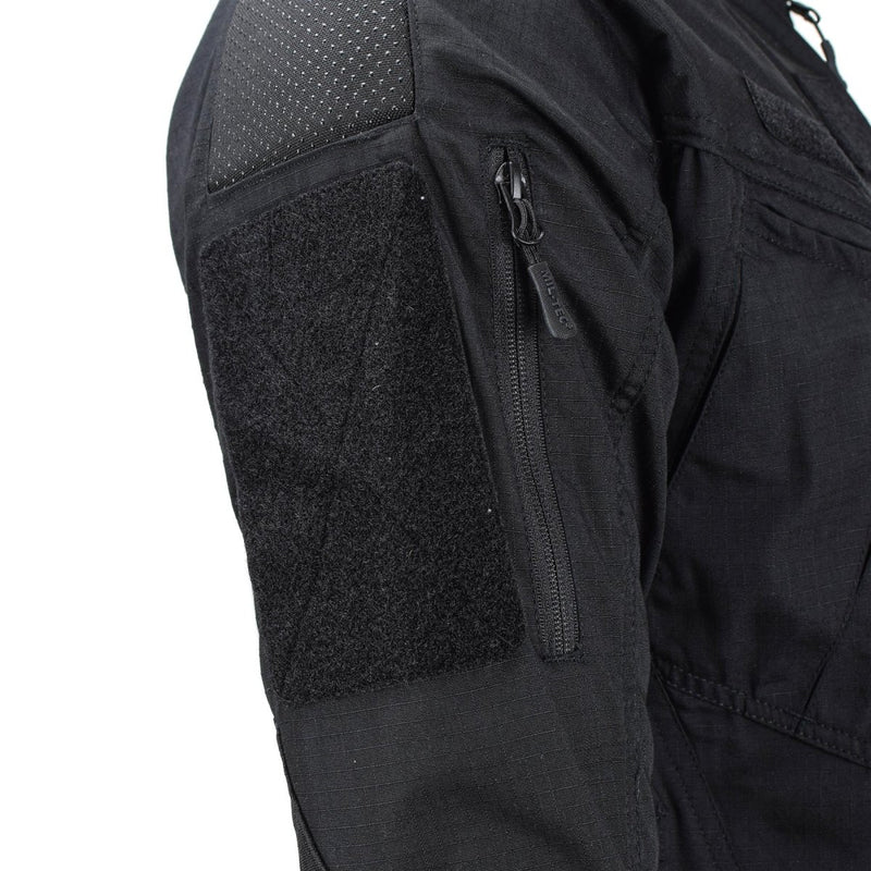 Close-up of Mil-Tec black ripstop narrow fit military jacket sleeve with zippered pocket and patch details