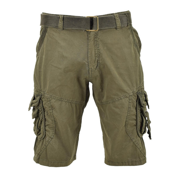 Mil-Tec vintage style prewashed olive combat shorts with belt and secure cargo pockets for rugged outdoor use.