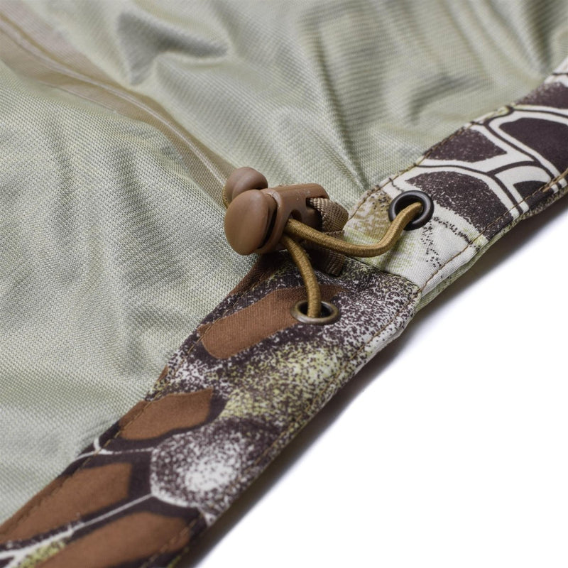 Close-up of adjustable drawstring and camo fabric edge on Mil-Tec Hardshell waterproof tactical jacket for men.