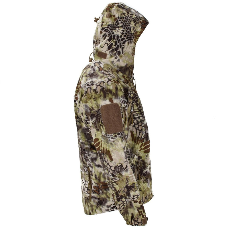 Side view of Mil-Tec MANDRA camo waterproof hardshell jacket with hood for men, designed for outdoor and tactical use.