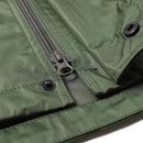 Close-up of olive green Mil-Tec waterproof jacket zipper and buttoned storm flap detail