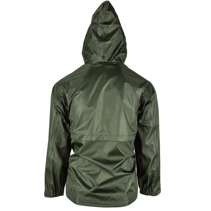 Back view of olive green Mil-Tec waterproof men's jacket with adjustable hood and elastic cuffs.