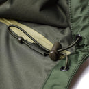 Close-up of olive green Mil-Tec waterproof jacket hood with adjustable drawstring and reinforced stitching detail.