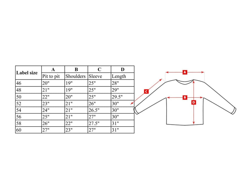 Size chart for Mil-Tec Men’s German pullover sweater displaying measurements for pit to pit, shoulders, sleeve, and length.