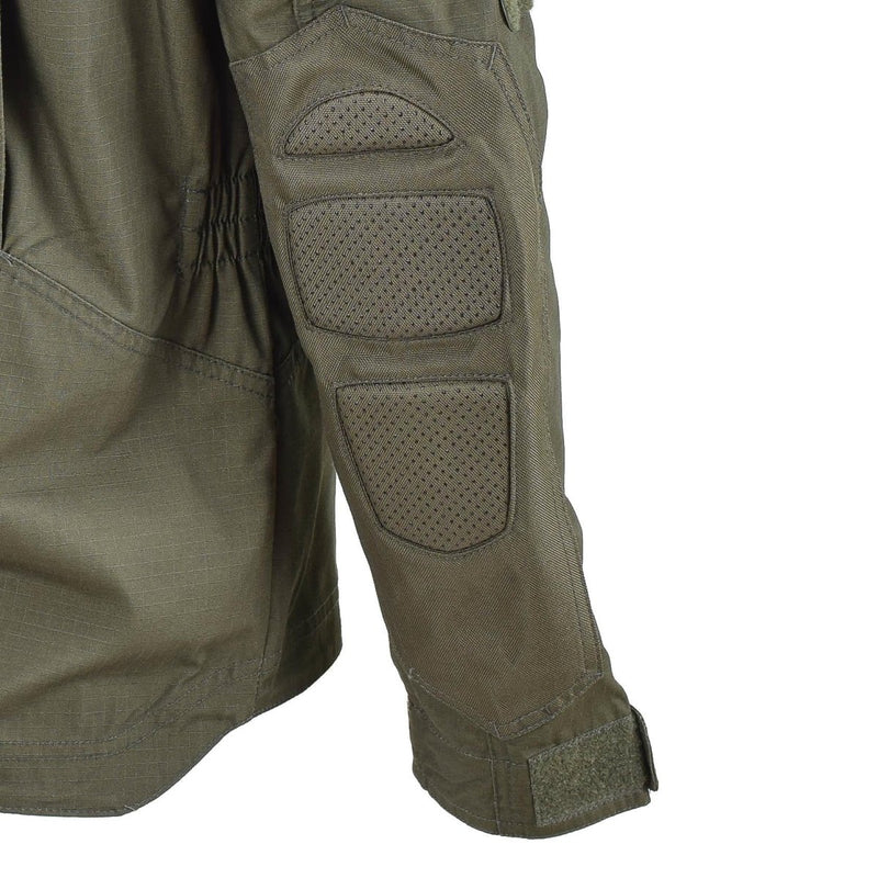 Close-up of Mil-Tec Chimera jacket sleeve in olive drab with reinforced padded elbow and adjustable cuff strap.