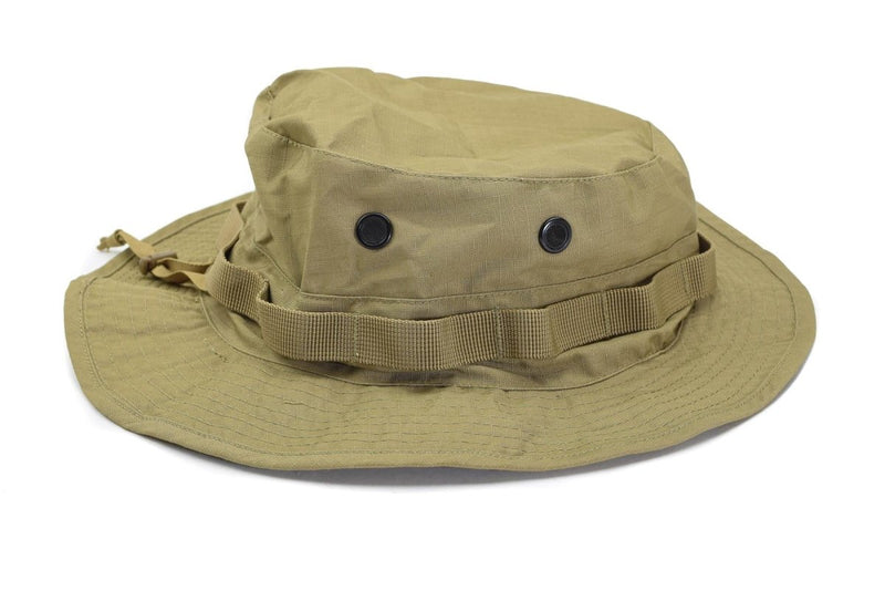 Mil-Tec coyote boonie hat made of ripstop fabric with ventilation holes and chin strap for outdoor camping and hiking use.