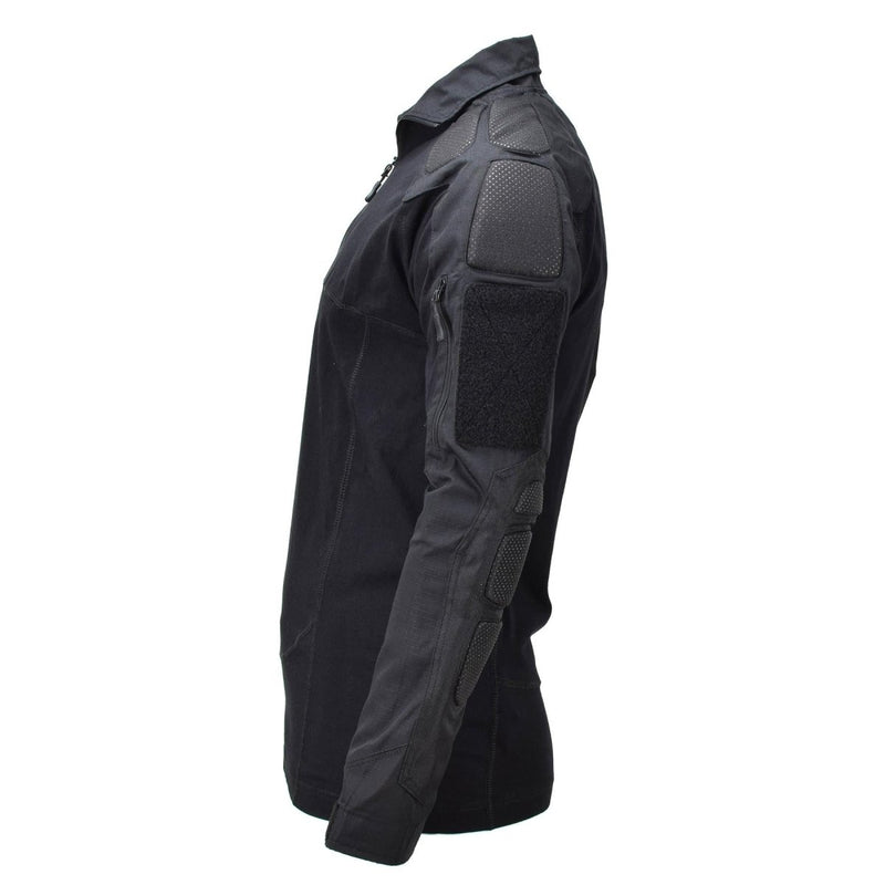 Mil-Tec black tactical combat shirt with padded elbows and shoulders, durable and breathable for intense missions.