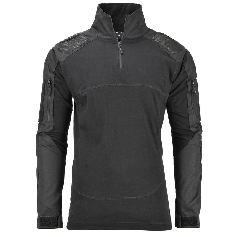 Mil-Tec black tactical combat shirt with padded shoulders and elbows, moisture-wicking and durable for intense missions.