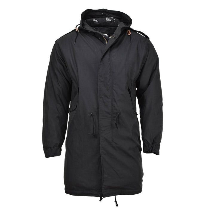 Black MIL-TEC M51 military style parka hooded, quilted liner, multiple pockets and drawstring waist for warmth and durability