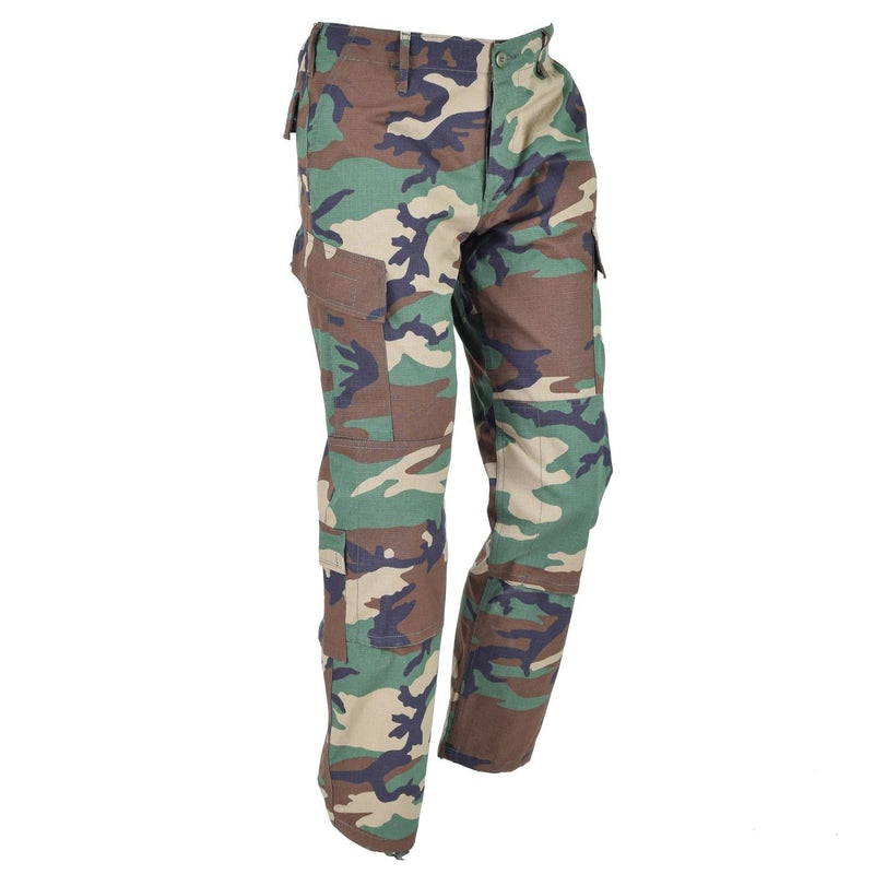 Mil-Tec U.S. Military-style woodland camo ripstop BDU cargo pants with reinforced knees and multiple pockets