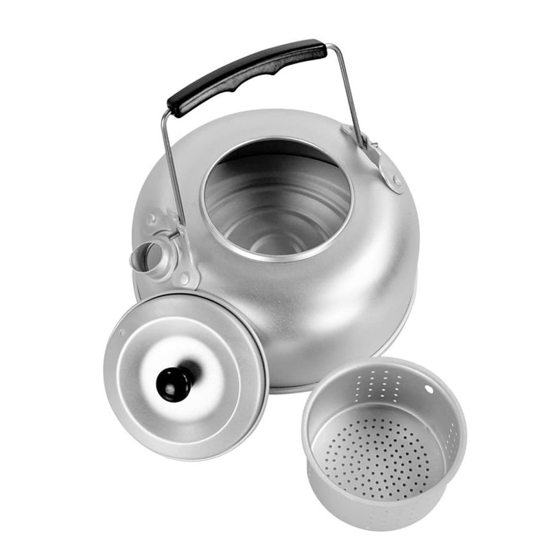 Lightweight aluminum camping kettle with handle, lid, and removable strainer for outdoor cooking and boiling water.