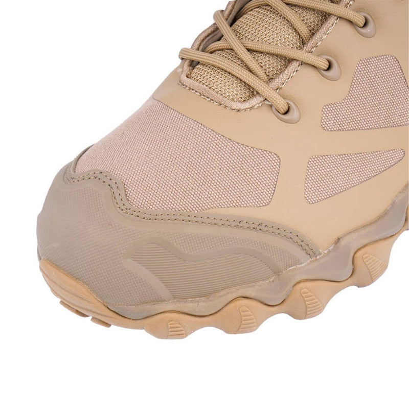 Close-up of coyote-colored MIL-TEC Chimera High lightweight trekking and hunting boot with reinforced toe and textured outsole