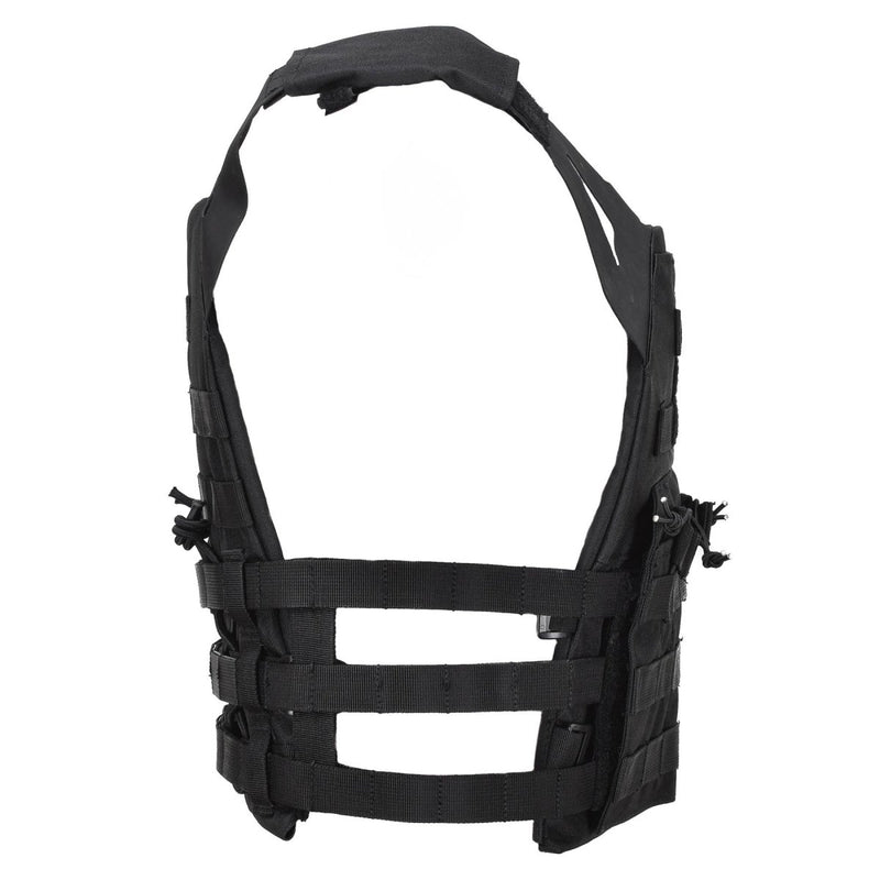 Black MIL-TEC Gen II tactical plate carrier vest with adjustable straps and MOLLE webbing for modular gear attachment.