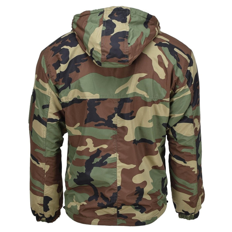 Back view of MIL-TEC German Military combat jacket in woodland camo with hood, windproof and lined for winter use