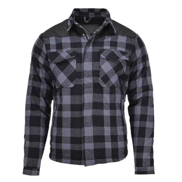 Black and gray plaid checkered MIL-TEC German Military lumberjack jacket with pockets and sturdy fabric for warmth and durability.
