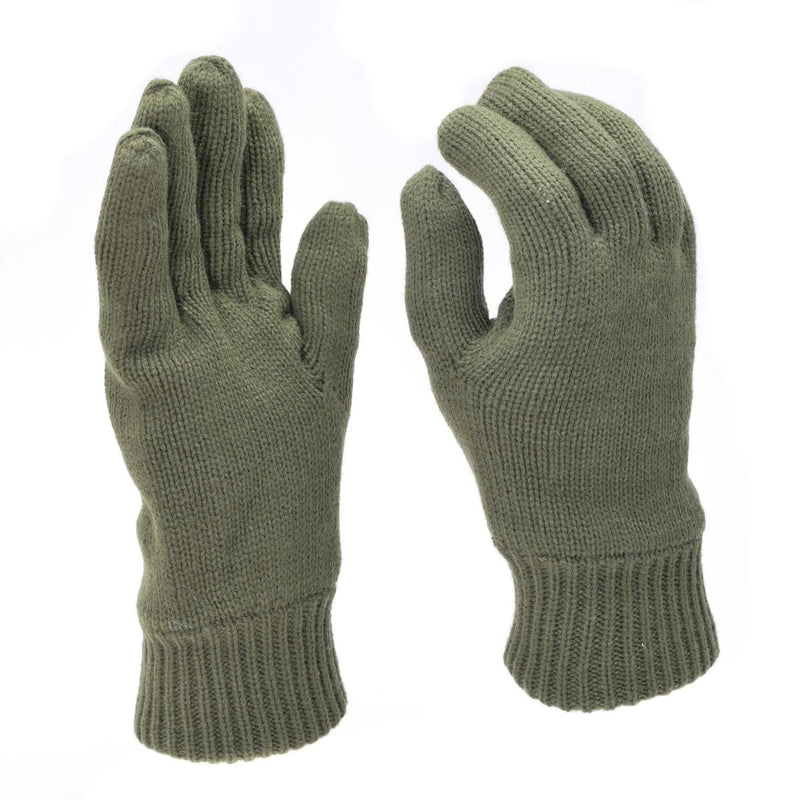Olive green knitted winter gloves with Thinsulate lining for warmth and tactical outdoor use.