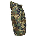 Side view of MIL-TEC camo military waterproof windproof goretex jacket with adjustable storm hood and cuffs