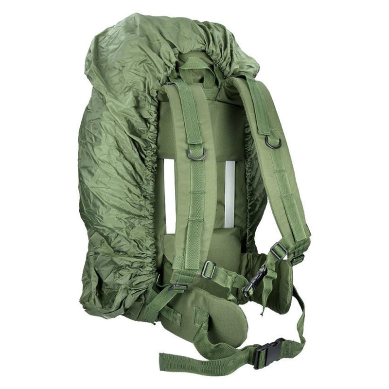 Back view of MIL-TEC RANGER 75L tactical backpack with rain cover, padded straps, and adjustable hip belt for hiking.