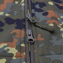 Close-up of MIL-TEC Flecktarn camo softshell jacket zipper and fabric detail for outdoor use.