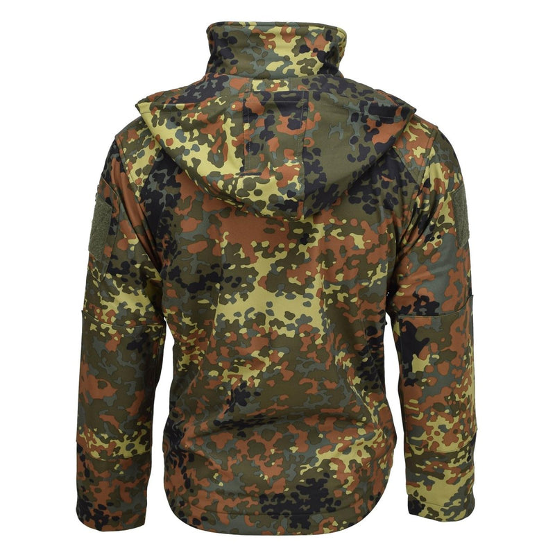 Back view of MIL-TEC Softshell jacket in German Flecktarn camouflage with hood and long sleeves.