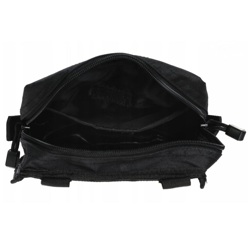 Open black MIL-TEC tactical belt pouch with zipper closure and MOLLE attachment for gear organization.